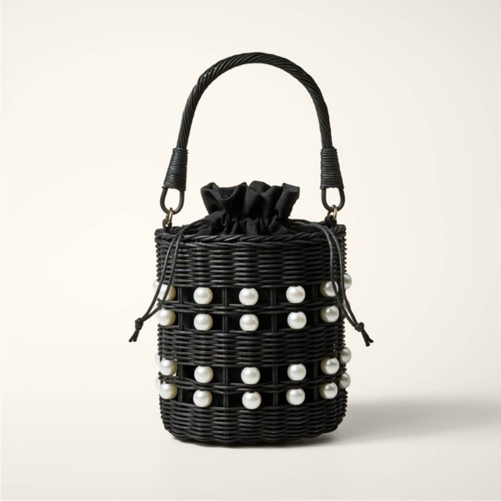 Elegant Black Woven Bag with Pearl Accents